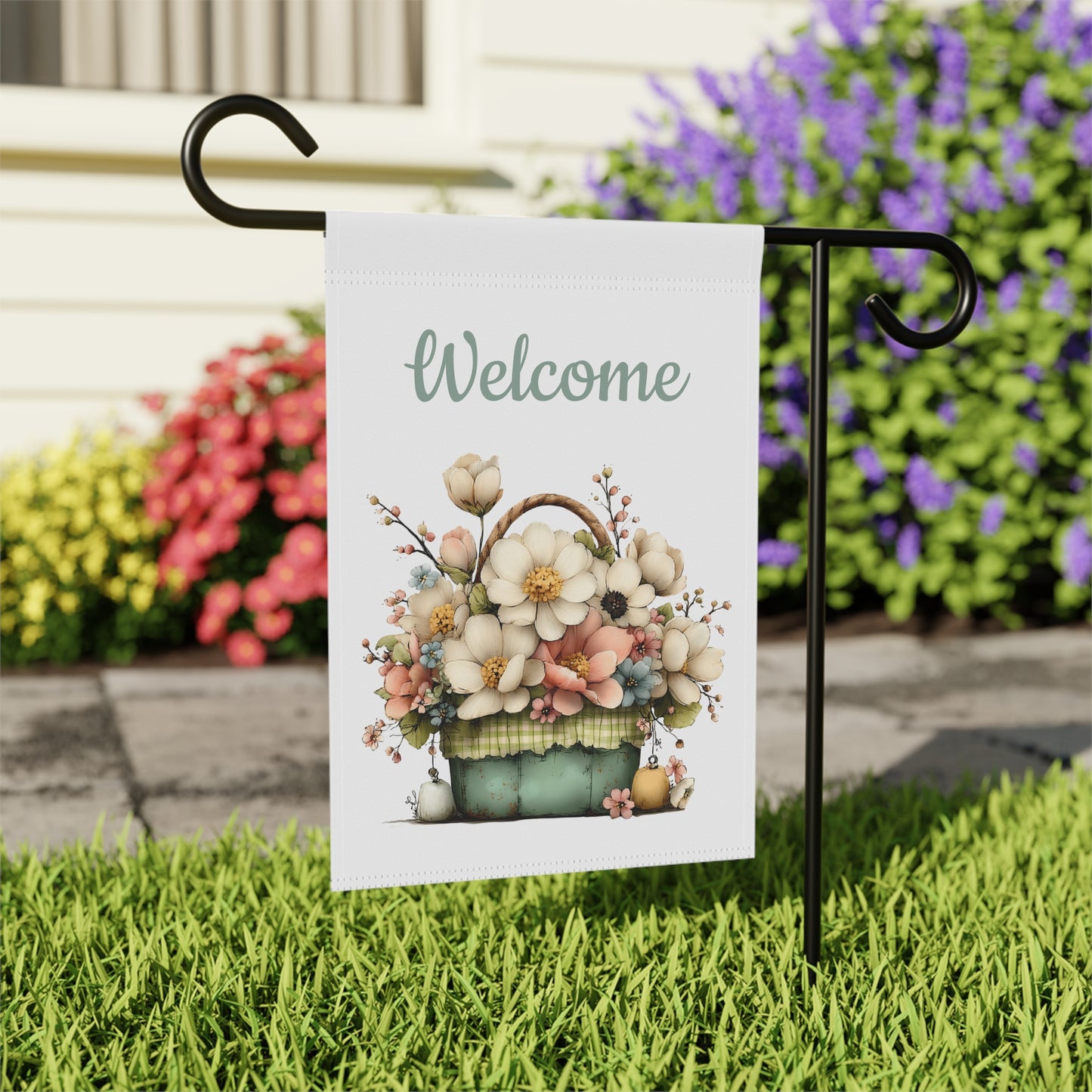Vintage Flower Basket Welcome Flag