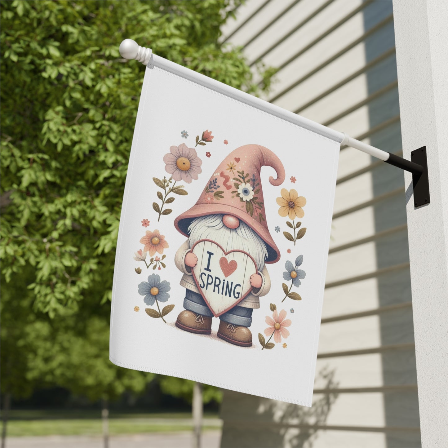 "I Love Spring" Gnome Garden Flag with Floral Hat