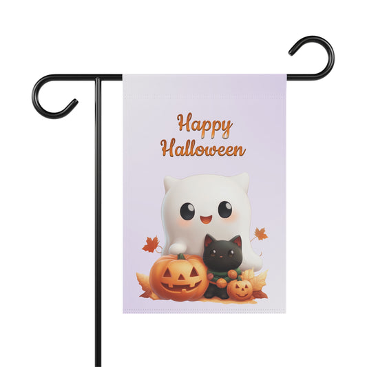 Cute white ghost sitting behind a black cat and carved pumpkins with Happy Halloween text on a lavender garden flag, Lavender outdoor garden flag on a metal stand featuring cute ghost black cat and jack-o'-lantern artwork with Happy Halloween lettering, Cute ghost and black cat Halloween yard flag for outdoor front porch and garden decor