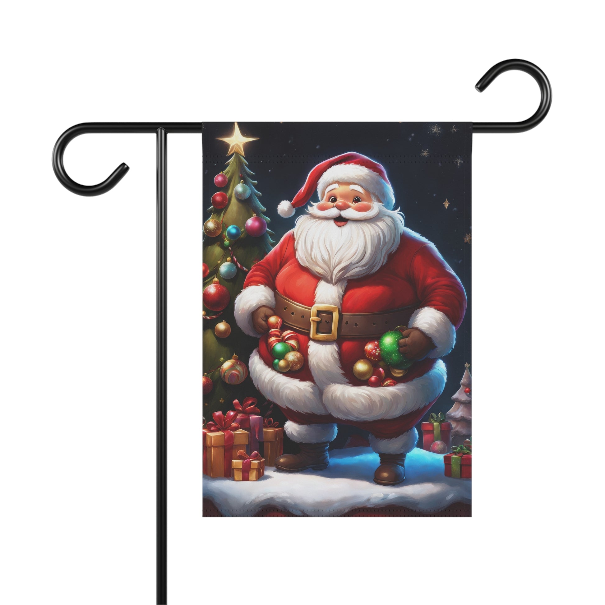 Jolly Santa Claus garden flag in front of a decorated Christmas tree with presents, festive classic holiday outdoor decor.

