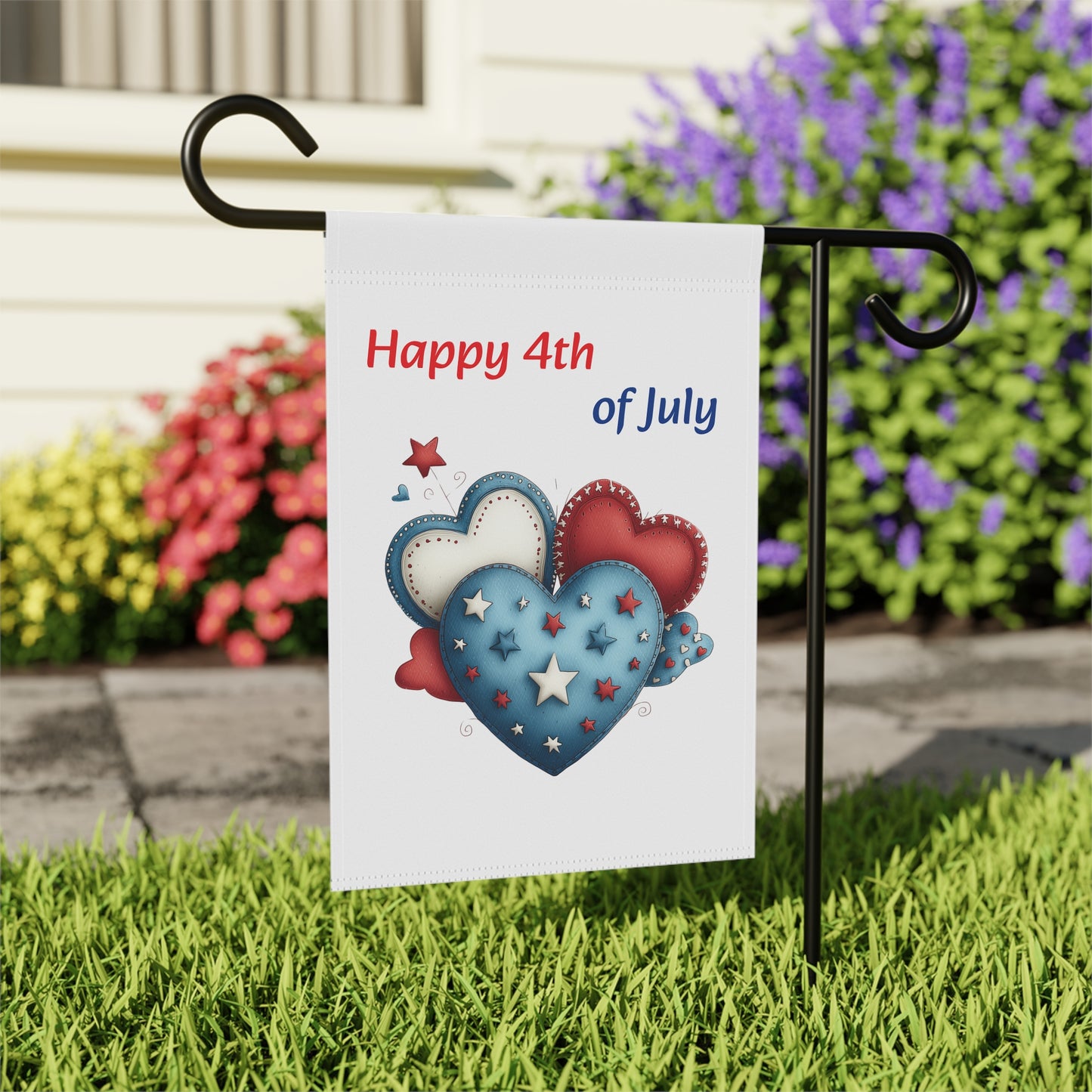 Patriotic Red, White, and Blue Hearts Garden Flag