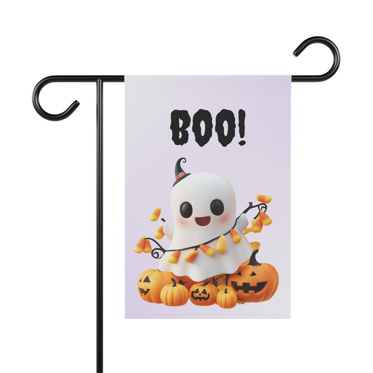 Cute happy ghost wrapped in candy corn lights sitting on carved pumpkins below BOO! text on a lavender garden flag, Lavender outdoor garden flag on a metal stand featuring cute ghost and candy corn artwork with BOO! lettering, Cute ghost candy corn Halloween yard flag for outdoor front porch and garden decor