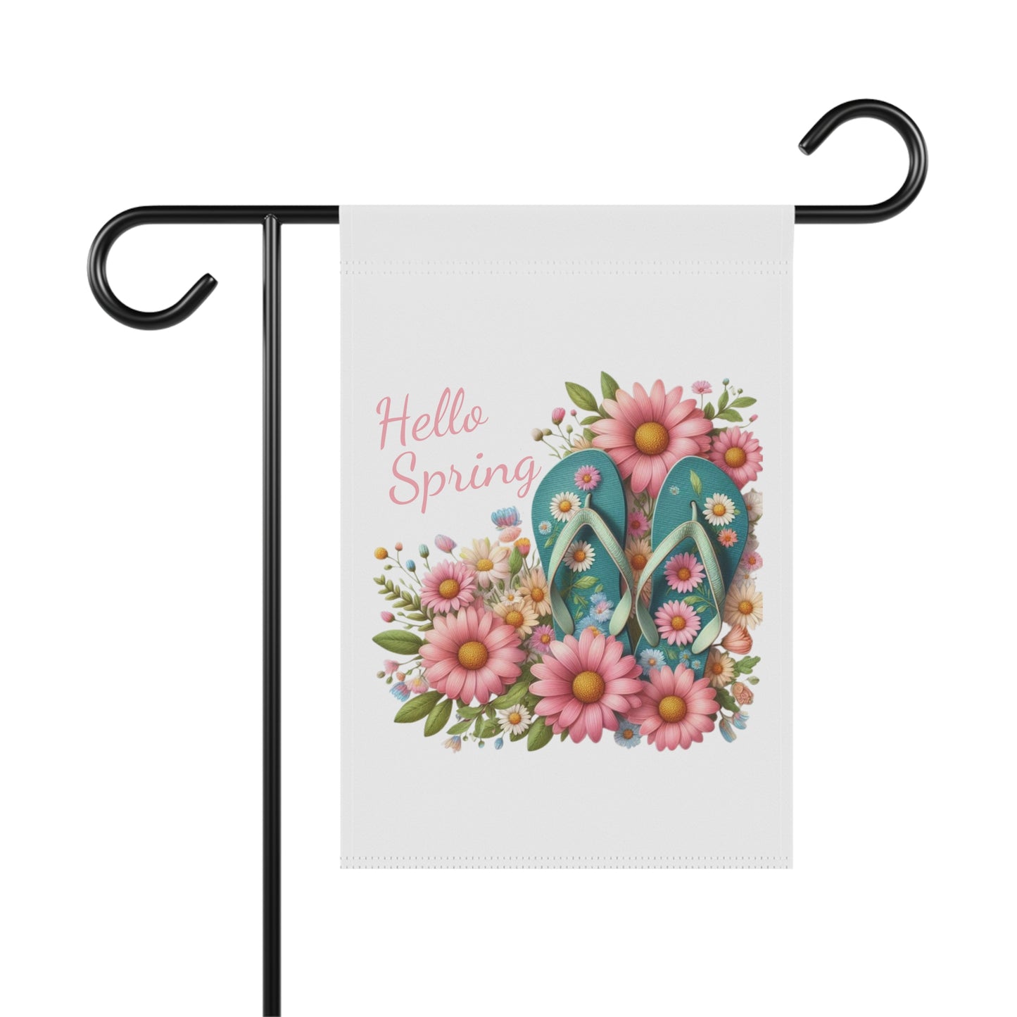 Spring garden flag featuring teal flip flops nestled in a large bouquet of pink and white daisies with pink script text that reads Hello Spring.
