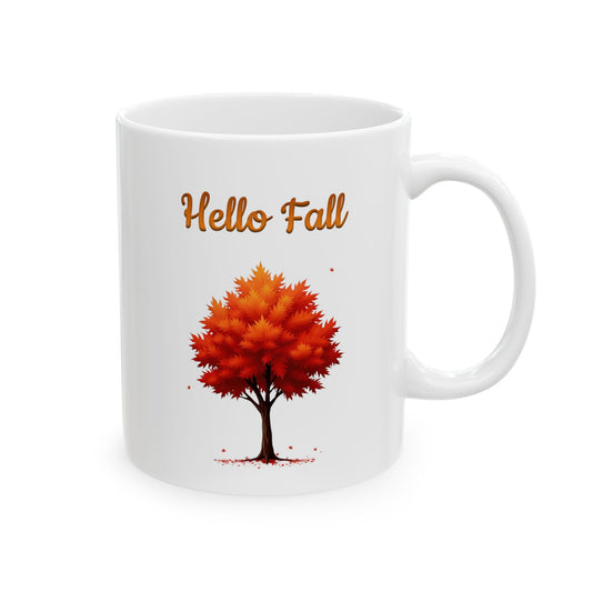 White ceramic coffee mug with a "Hello Fall" design and a vibrant red and orange autumn tree.

