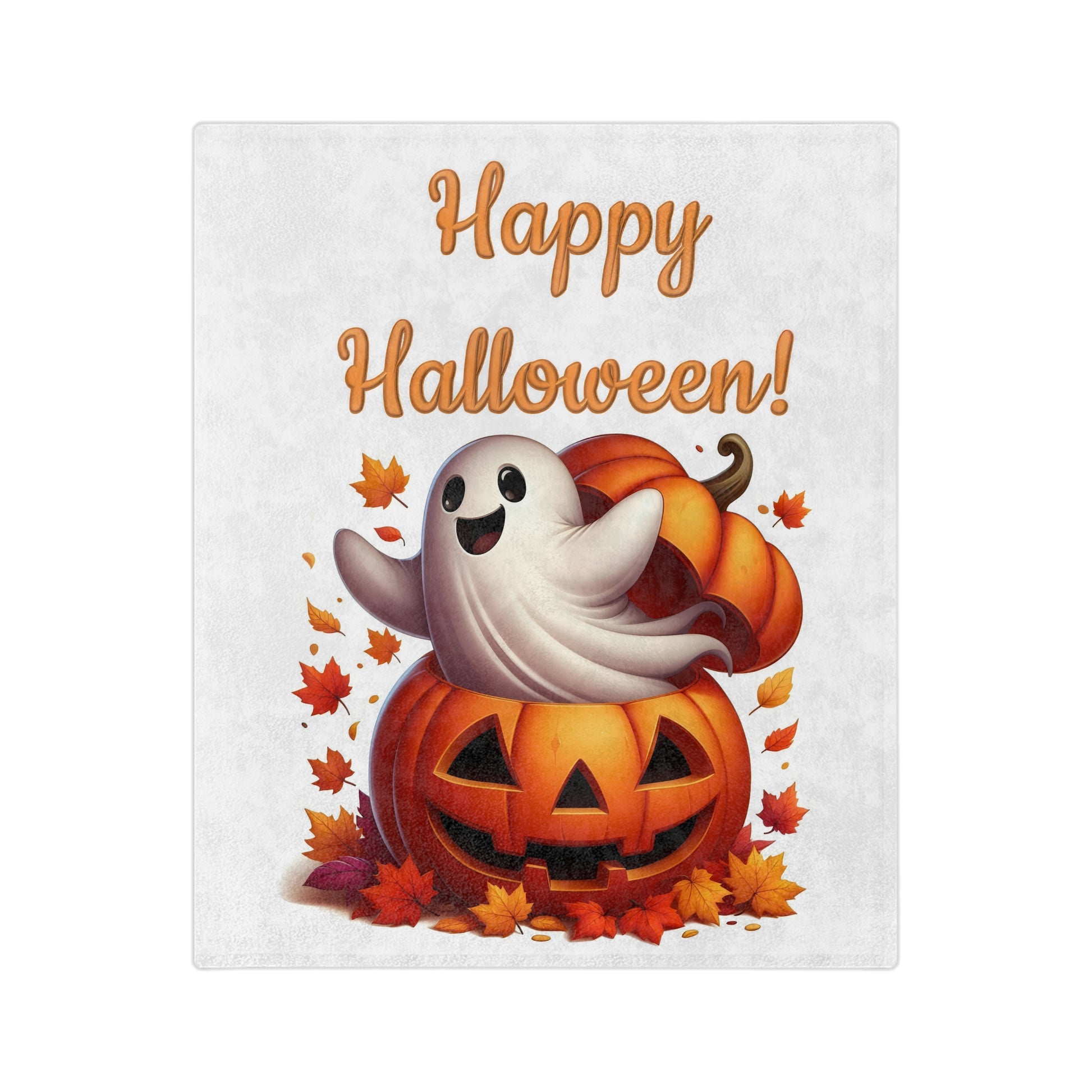 Happy Halloween velveteen blanket with a smiling cartoon ghost rising out of a carved jack-o'-lantern, surrounded by red and orange autumn leaves on a white background.

