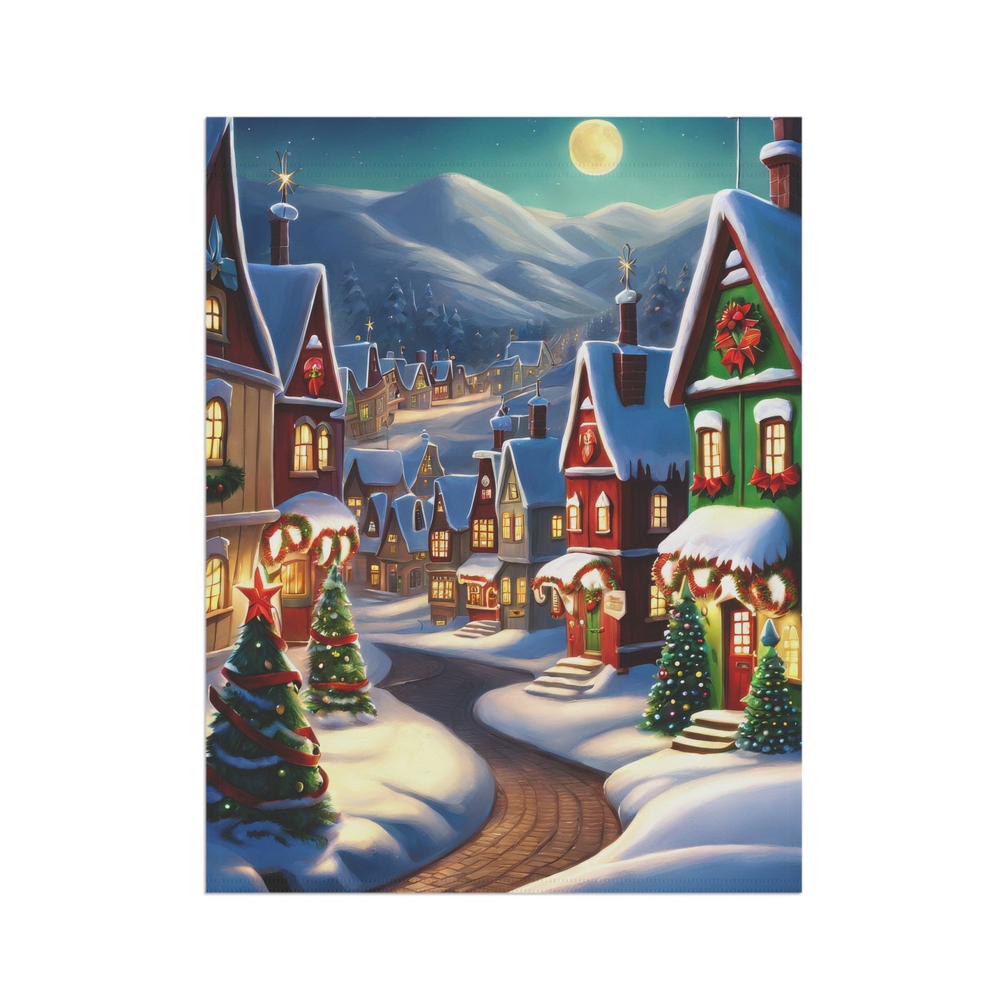 Moonlit Christmas Village Garden Flag