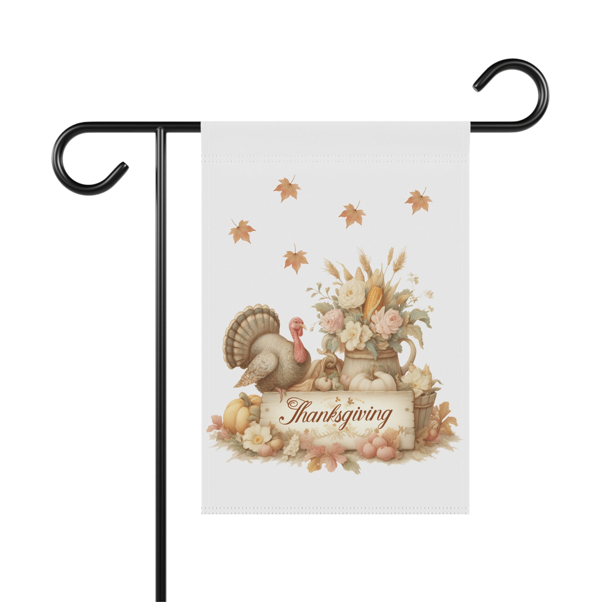 Soft neutral Thanksgiving turkey with floral arrangement display on a wooden sign with script Thanksgiving text garden flag
