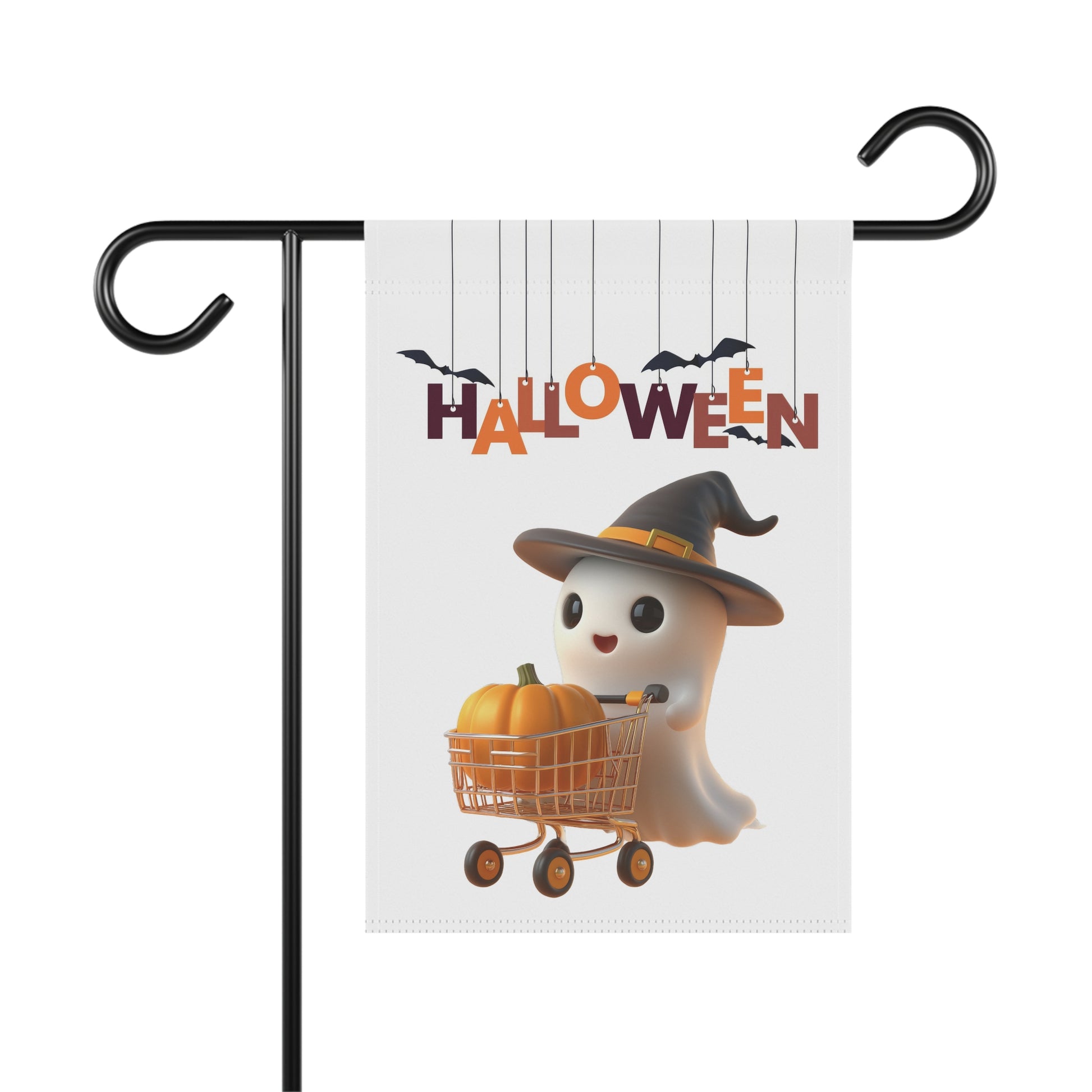 “Cute Halloween ghost garden flag with witch hat and pumpkin shopping cart design, hanging outdoors for festive yard decor”

