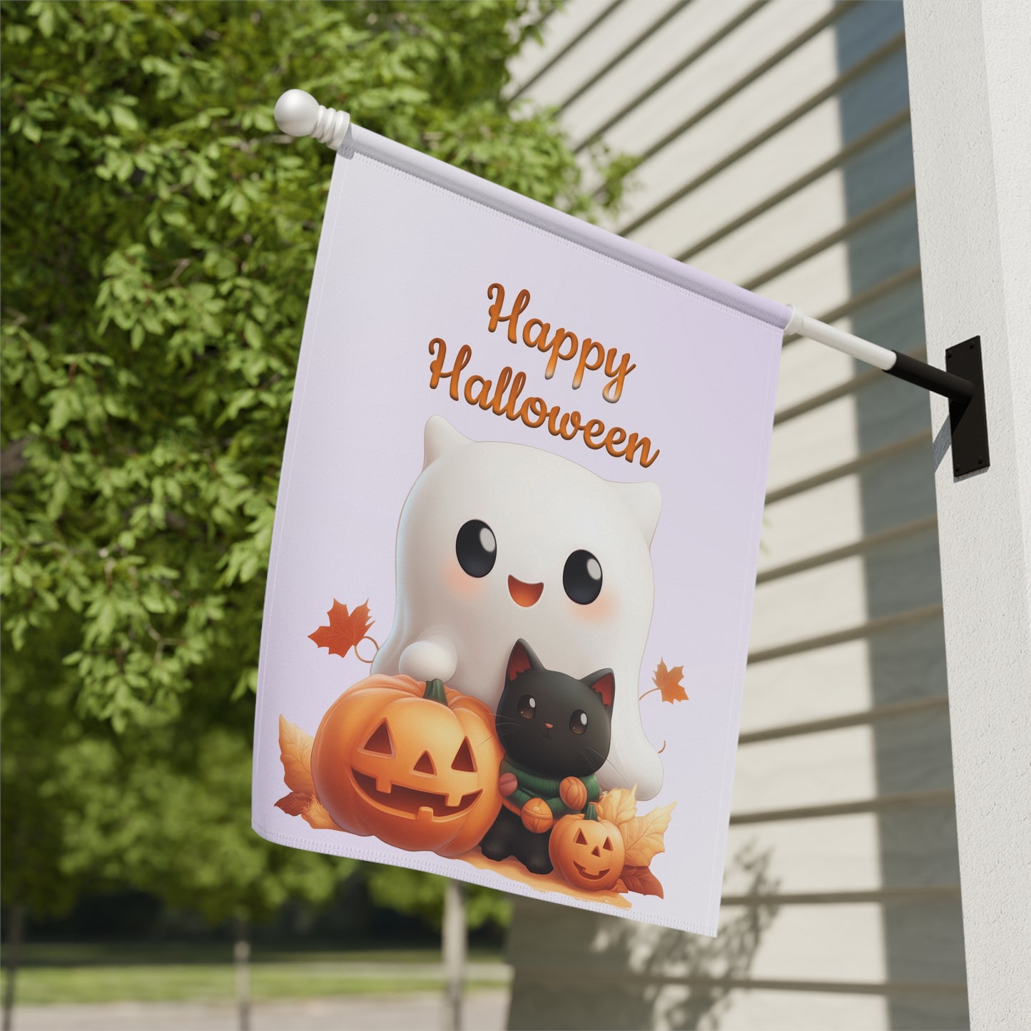 Cute Ghost & Black Cat Halloween Garden Flag