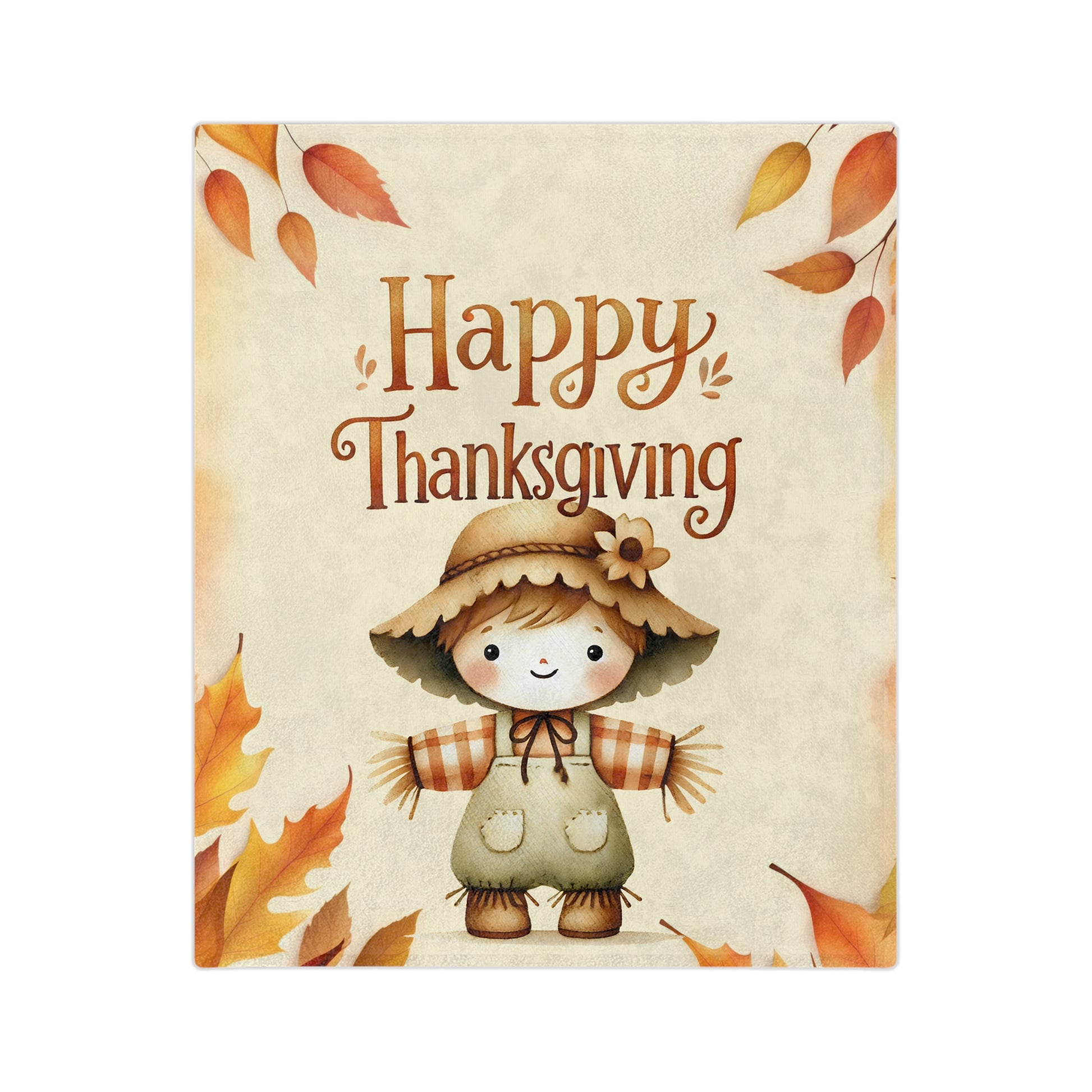 Happy Thanksgiving velveteen blanket with a cute cartoon scarecrow wearing a straw hat and overalls, surrounded by orange and yellow autumn leaves.

