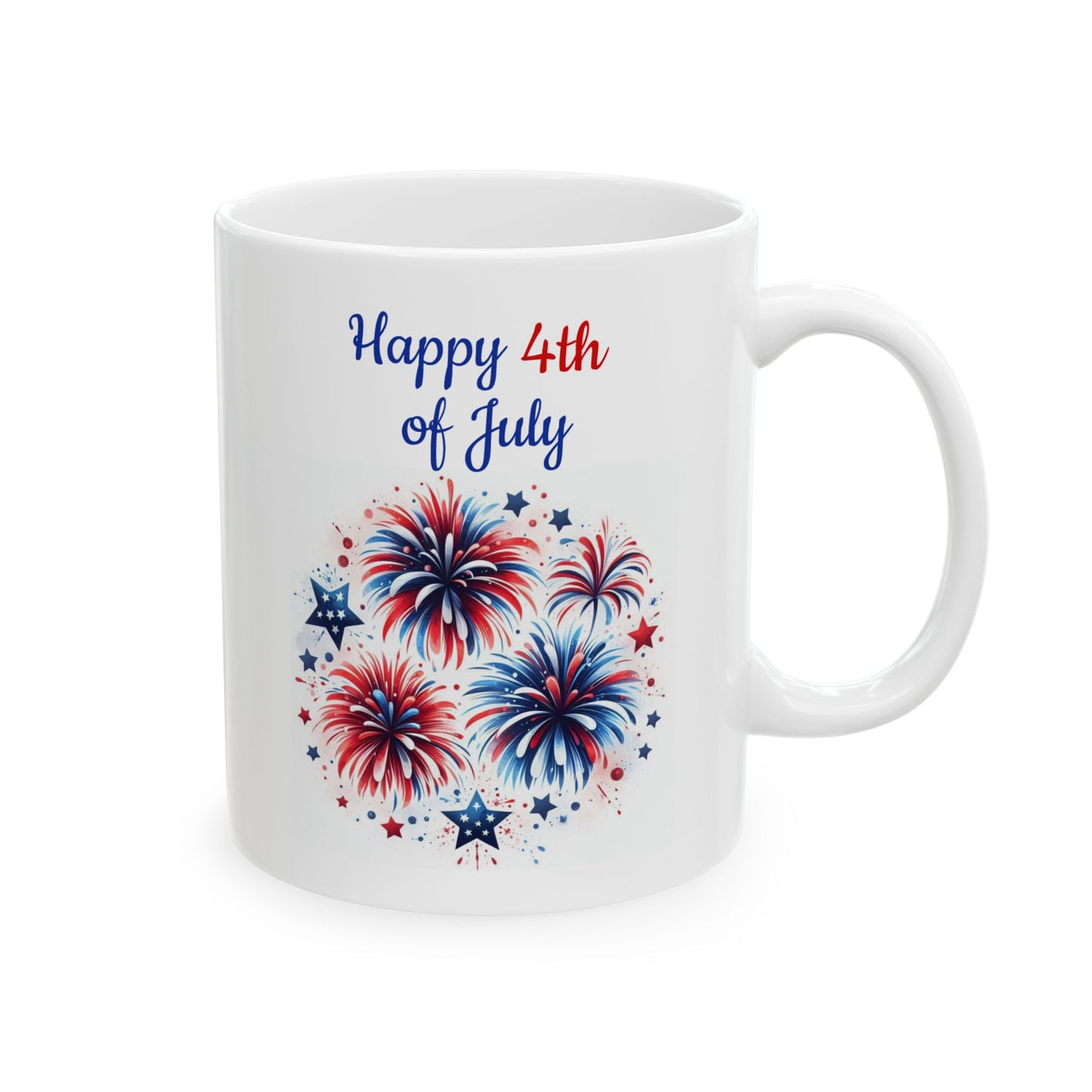 White ceramic coffee mug featuring a colorful cluster of red, white, and blue fireworks with patterned stars beneath the script text Happy 4th of July.
