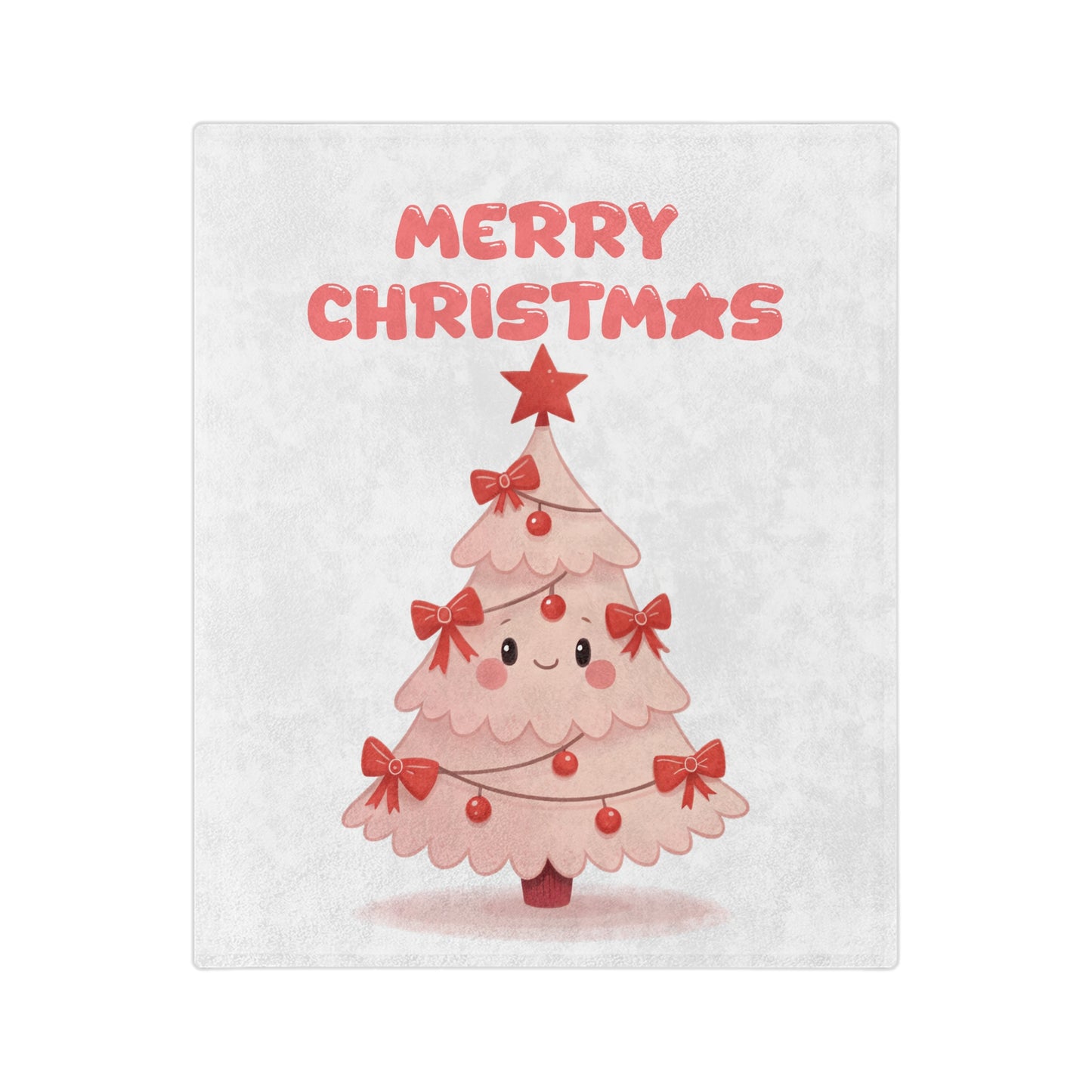 Pink velveteen blanket with a cute cartoon illustration of a smiling pink Christmas tree decorated with red bows and a star, and the words "Merry Christmas" in pink text.

