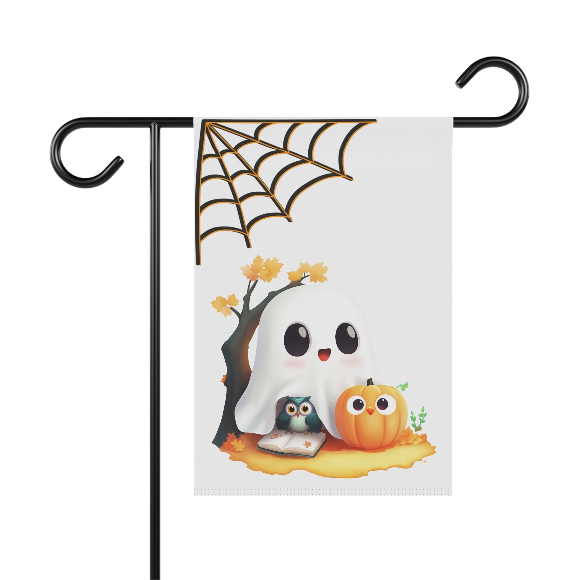 Whimsical Halloween garden flag featuring a cute cartoon white ghost sheltering a small owl reading a book next to a friendly pumpkin, with a black and orange spiderweb in the top corner.