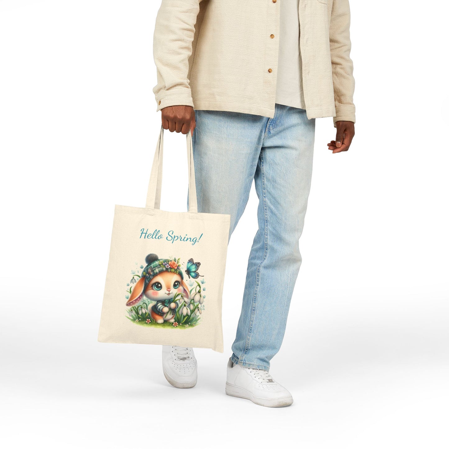 Adorable "Hello Spring" Bunny with Butterfly Canvas Tote Bag