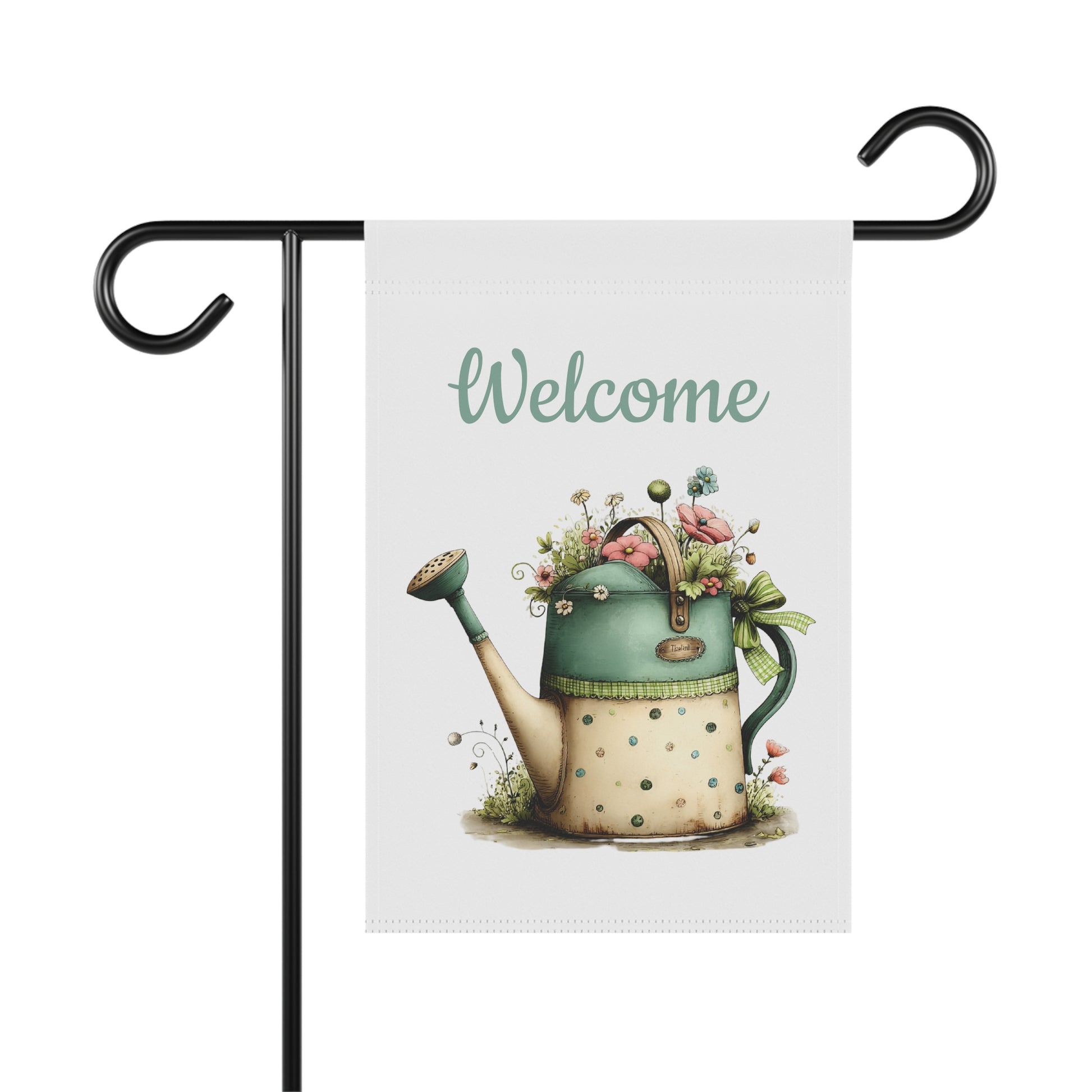 Garden flag on a black metal stand printed with teal script Welcome text above a vintage polka dot watering can overflowing with pastel flowers