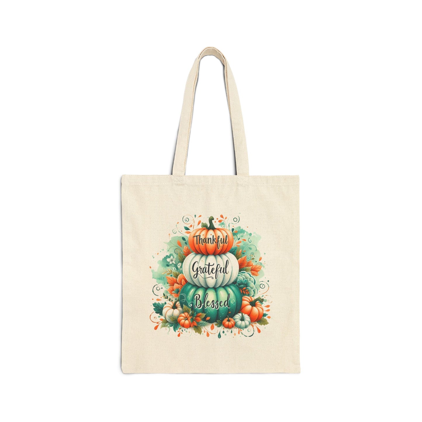 Thankful Grateful Blessed canvas tote bag featuring a watercolor pumpkin stack in shades of orange and green