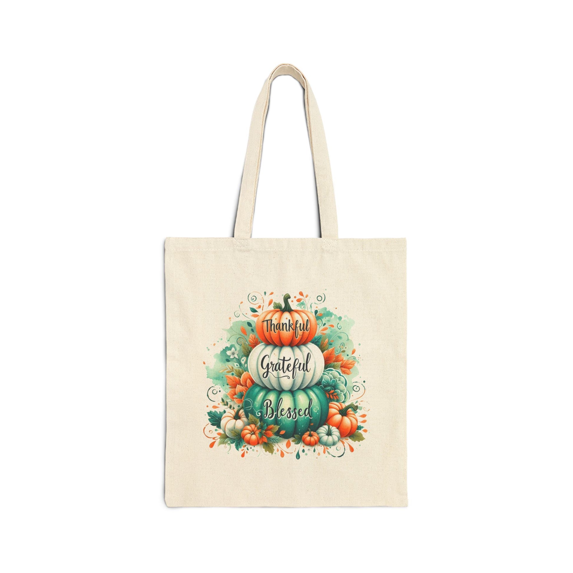 Thankful Grateful Blessed canvas tote bag featuring a watercolor pumpkin stack in shades of orange and green
