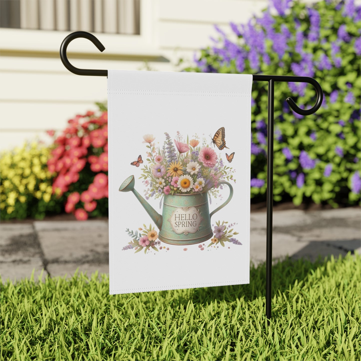 "Hello Spring" Watering Can Garden Flag with Floral Bouquet