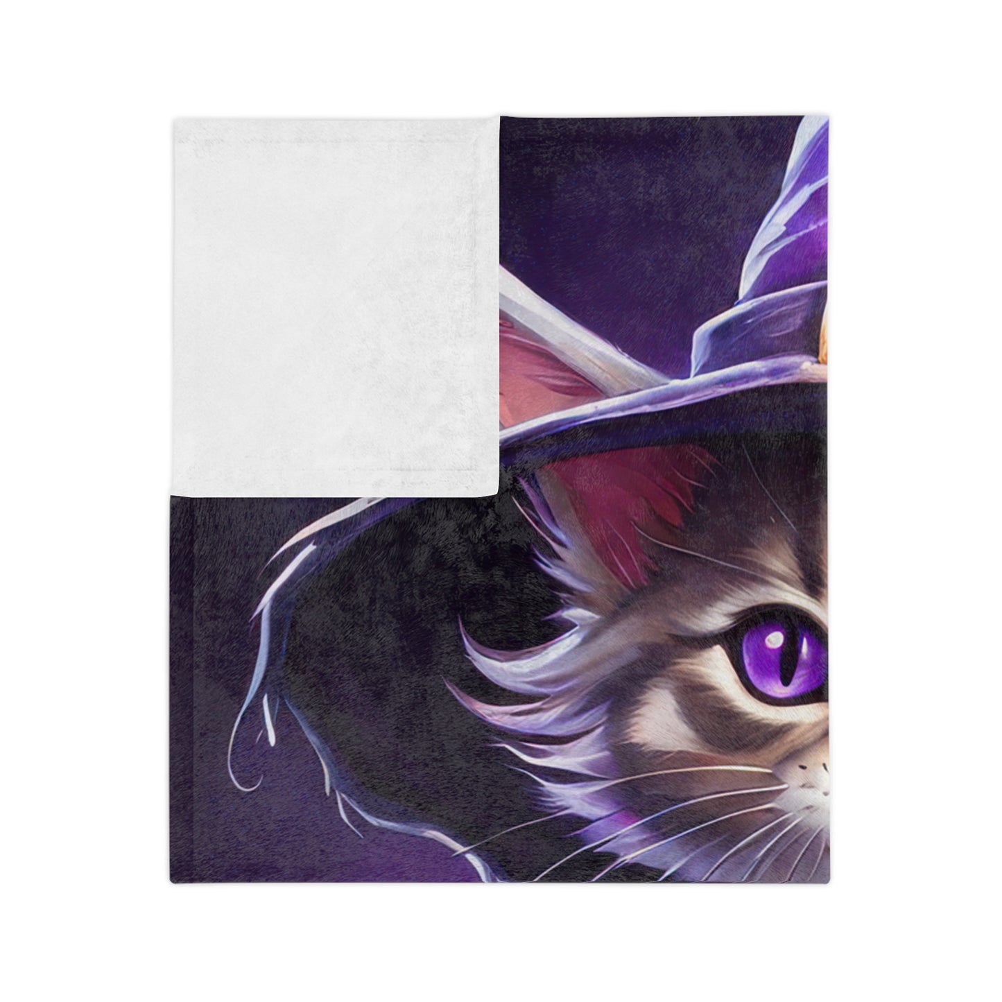 Adorable Witch Hat Kitten & Jack-o'-Lantern Halloween Plush Blanket