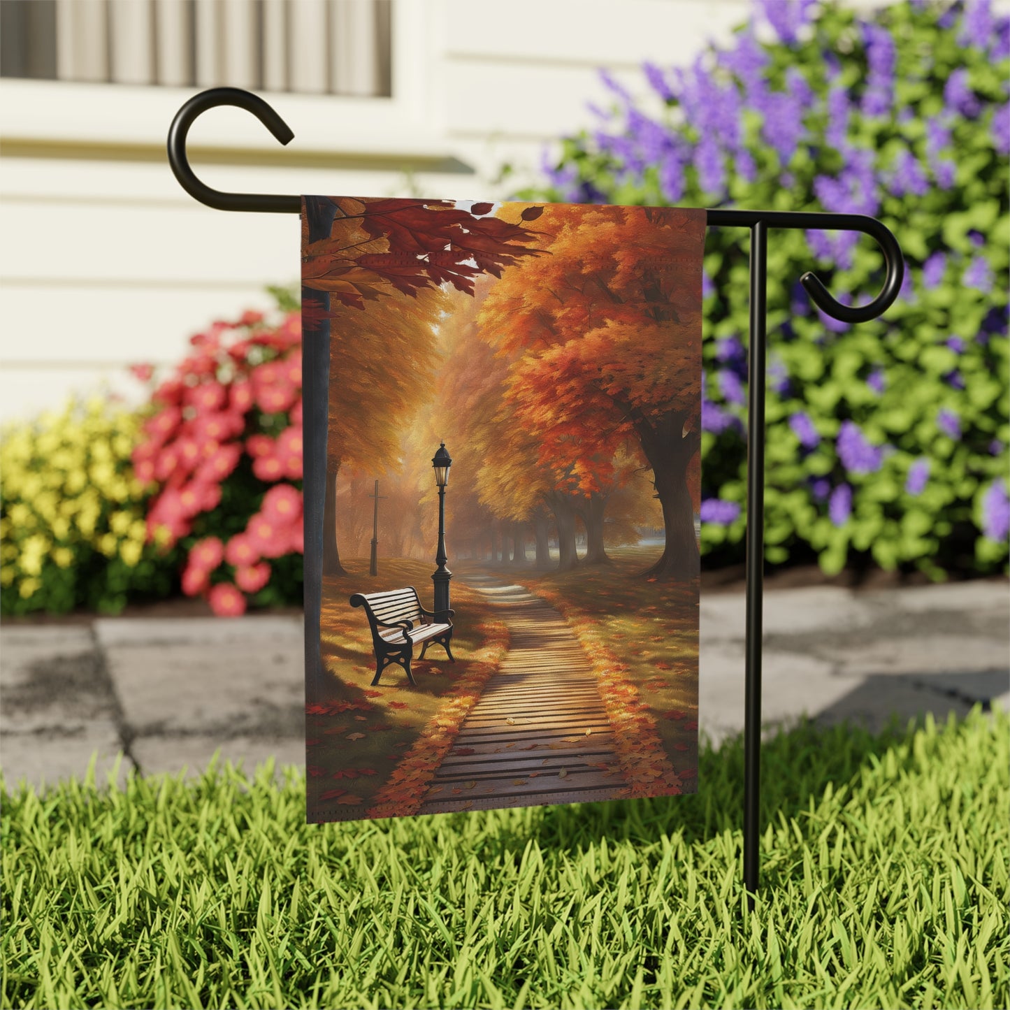 Rustic Autumn Park Path Garden Flag