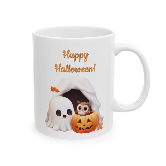 Cute ghost owl and jack-o'-lantern artwork printed on a white ceramic Halloween coffee mug, White ceramic Halloween mug featuring Happy Halloween text with a ghost and owl inside a pumpkin, Ghost owl and pumpkin ceramic coffee cup with seasonal autumn leaves design