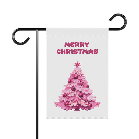 Merry Christmas garden flag with a pink Christmas tree design.