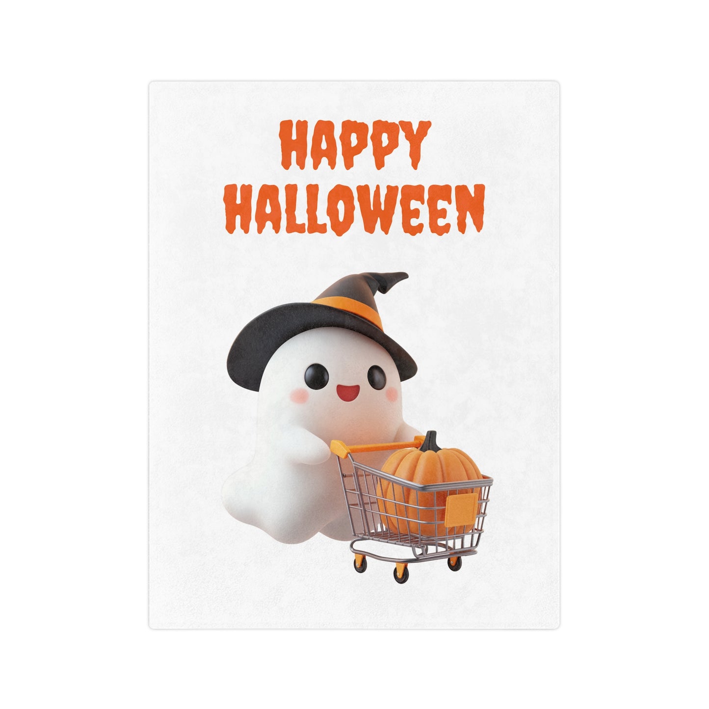 Happy Halloween Cute Ghost Plush Blanket with an adorable ghost in a witch hat pushing a shopping cart with a pumpkin, and "Happy Halloween" text.

