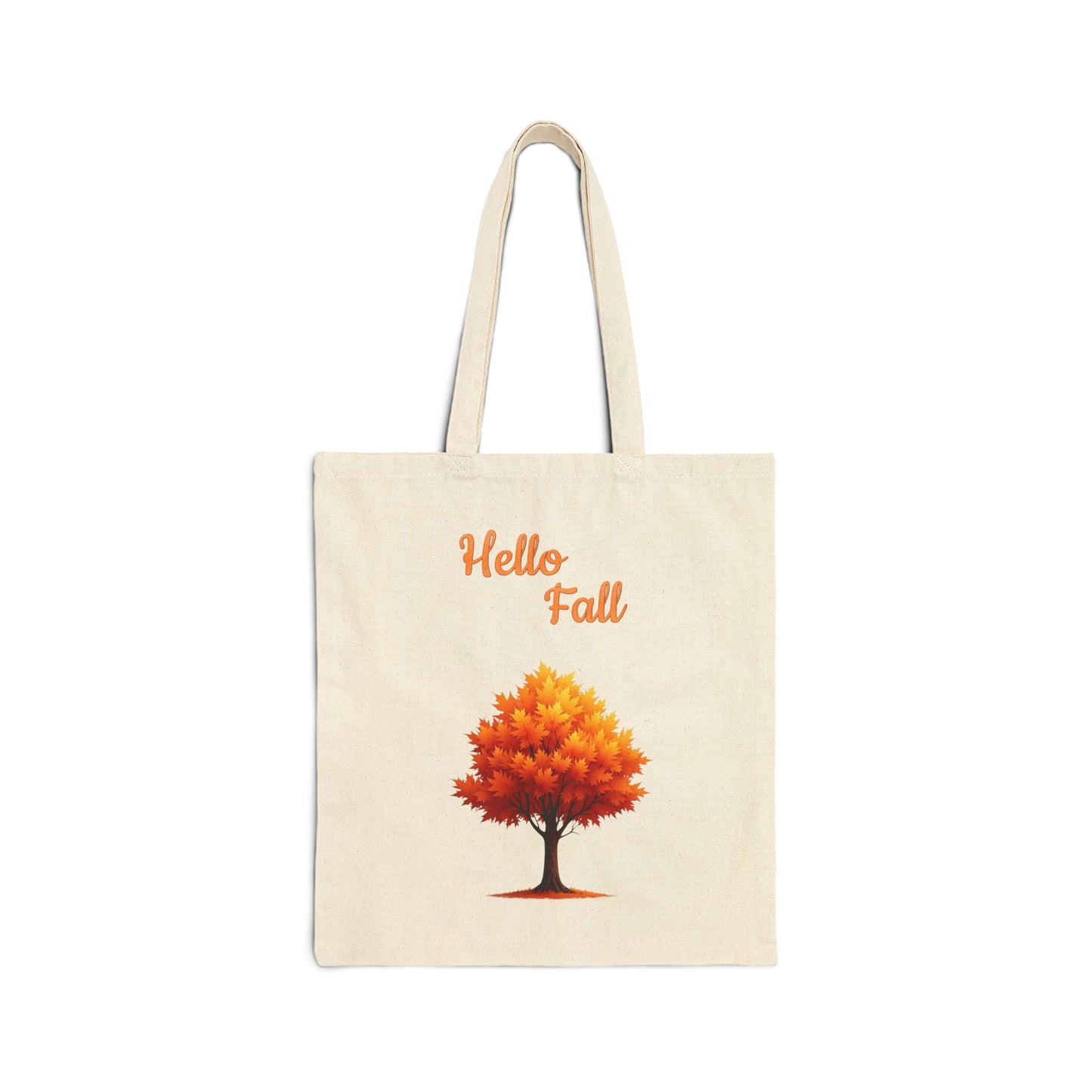 Hello Fall canvas tote bag with an illustration of a yellow and orange autumn tree