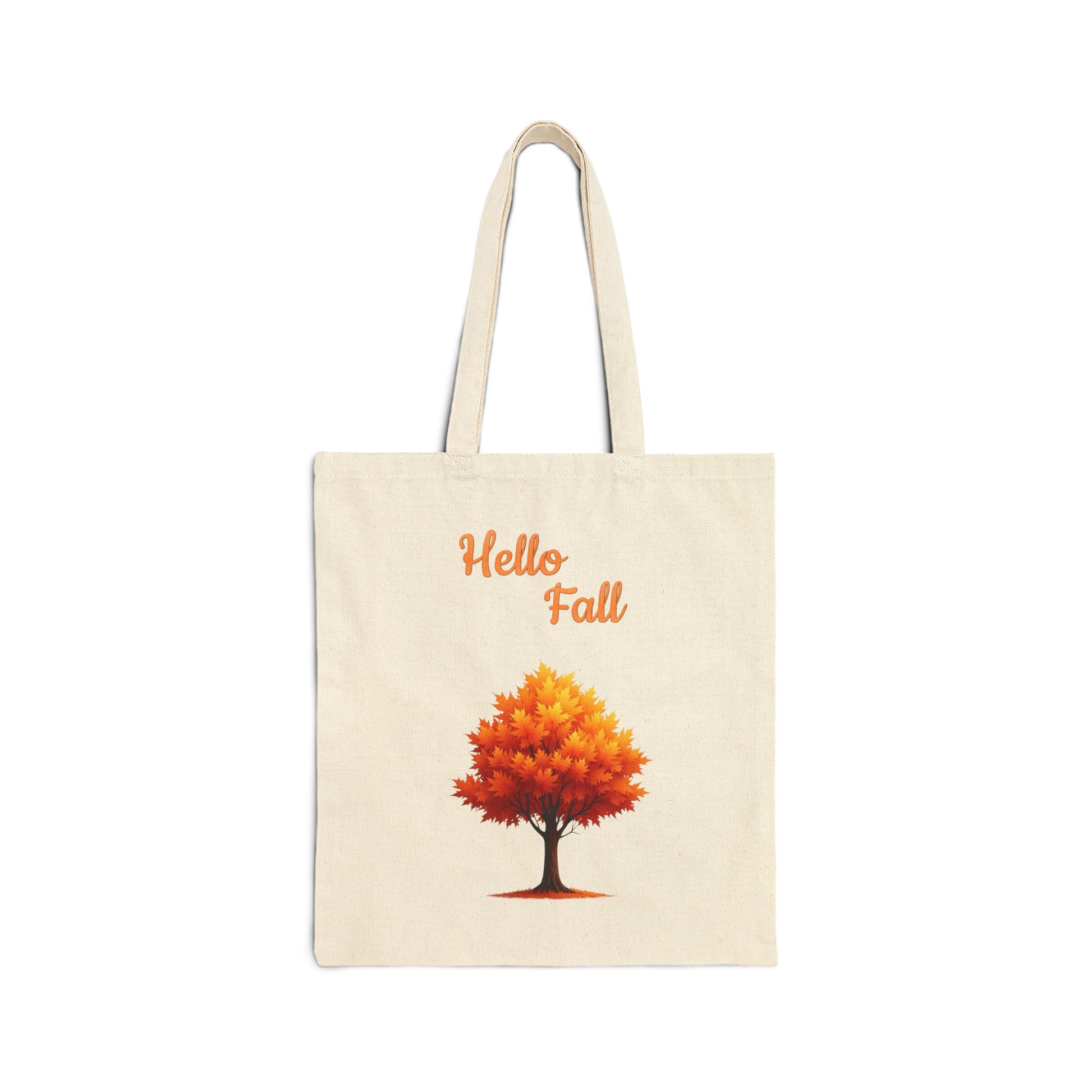 Hello Fall canvas tote bag with an illustration of a yellow and orange autumn tree