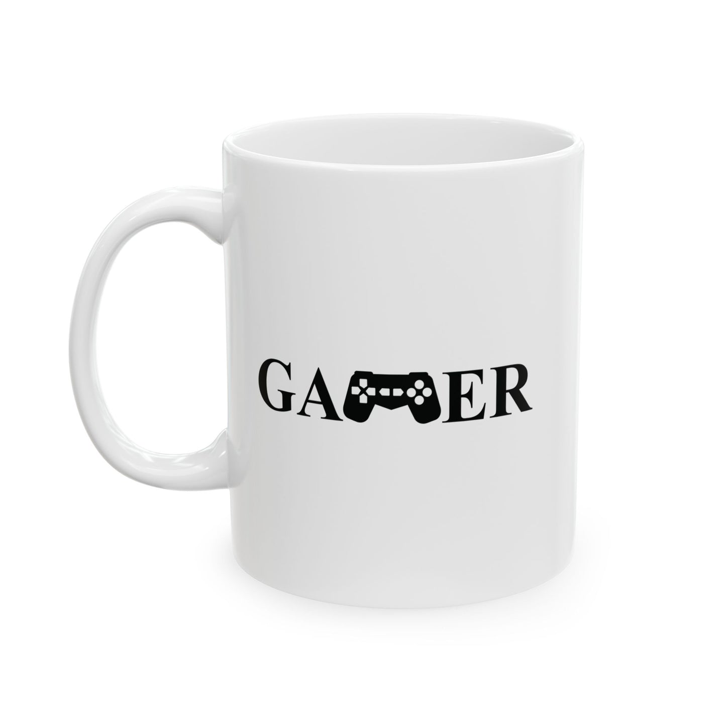 White coffee mug with "GAMER" text where 'M' is a black game controller, Video game themed mug, Gamer gift idea.
