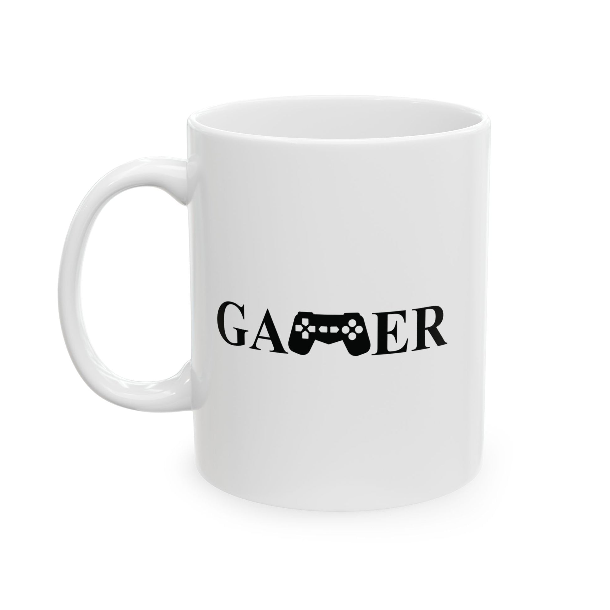 White coffee mug with "GAMER" text where 'M' is a black game controller, Video game themed mug, Gamer gift idea.