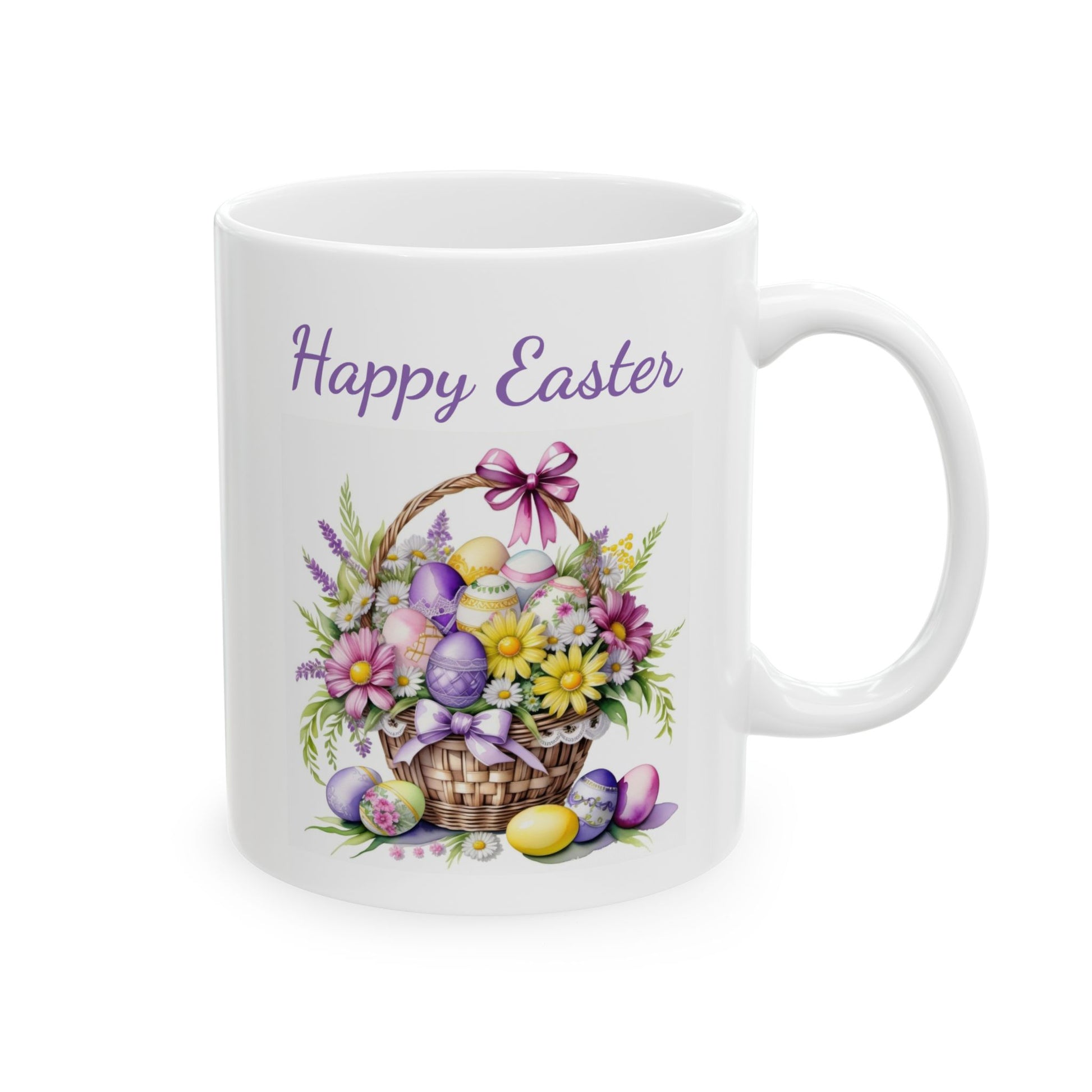 White ceramic coffee mug with a beautiful watercolor illustration of a wicker basket filled with colorful Easter eggs and a bouquet of yellow, pink, and purple flowers, with the words "Happy Easter" in elegant purple script text above it.

