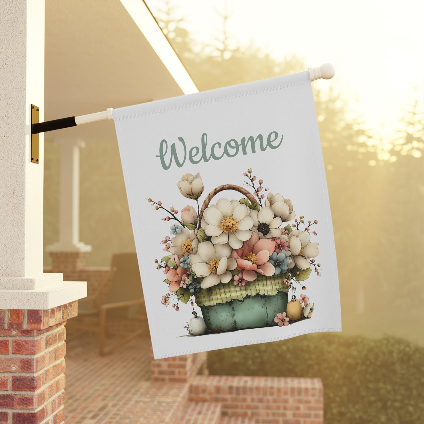Vintage Flower Basket Welcome Flag