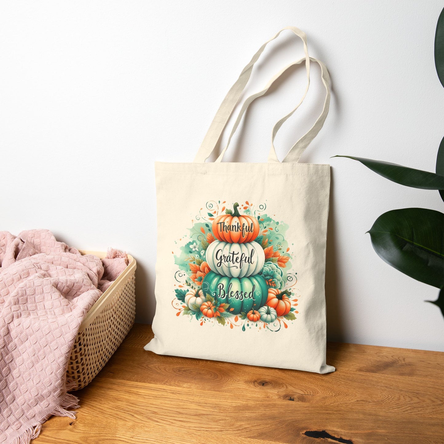 Thankful Grateful Blessed Pumpkin Stack Canvas Tote Bag