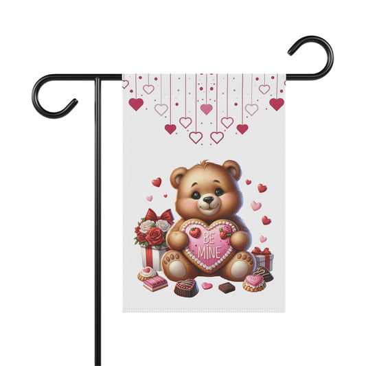 Cute teddy bear Valentine garden flag with heart cookie, chocolates, roses, and gift boxes on a white background