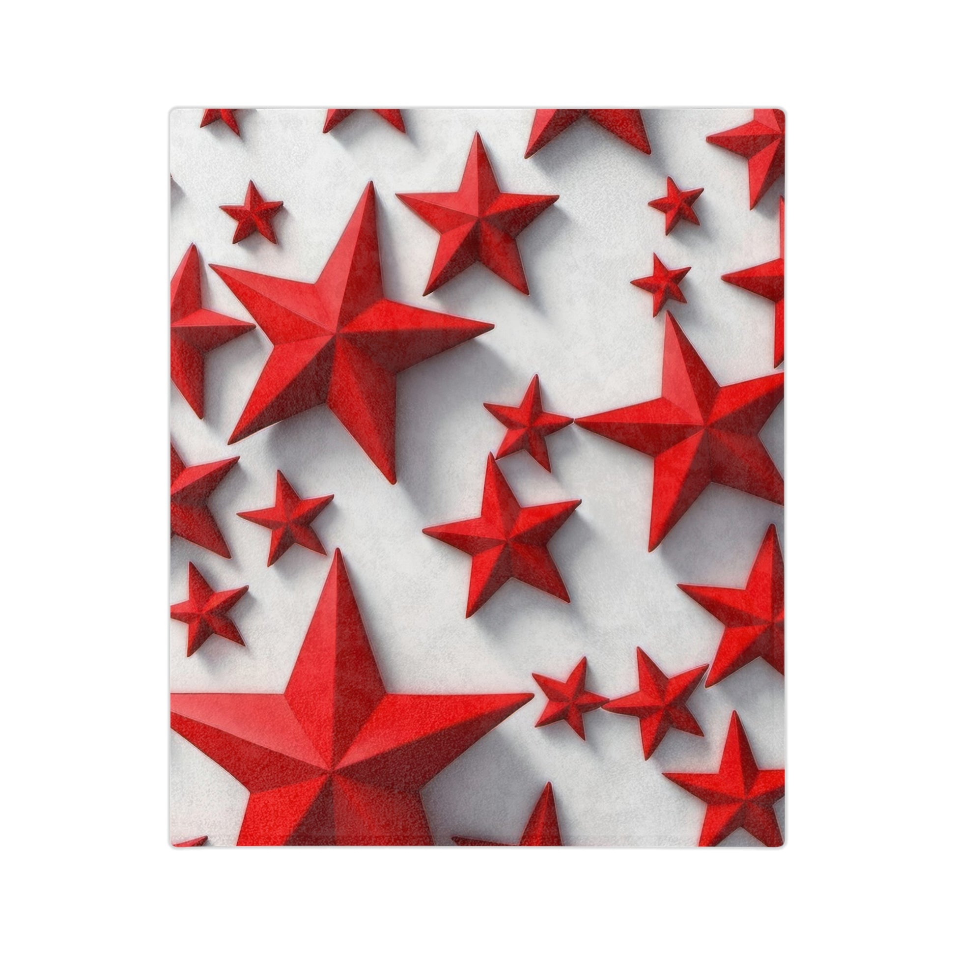 White velveteen plush blanket featuring scattered red 3D stars in varying sizes