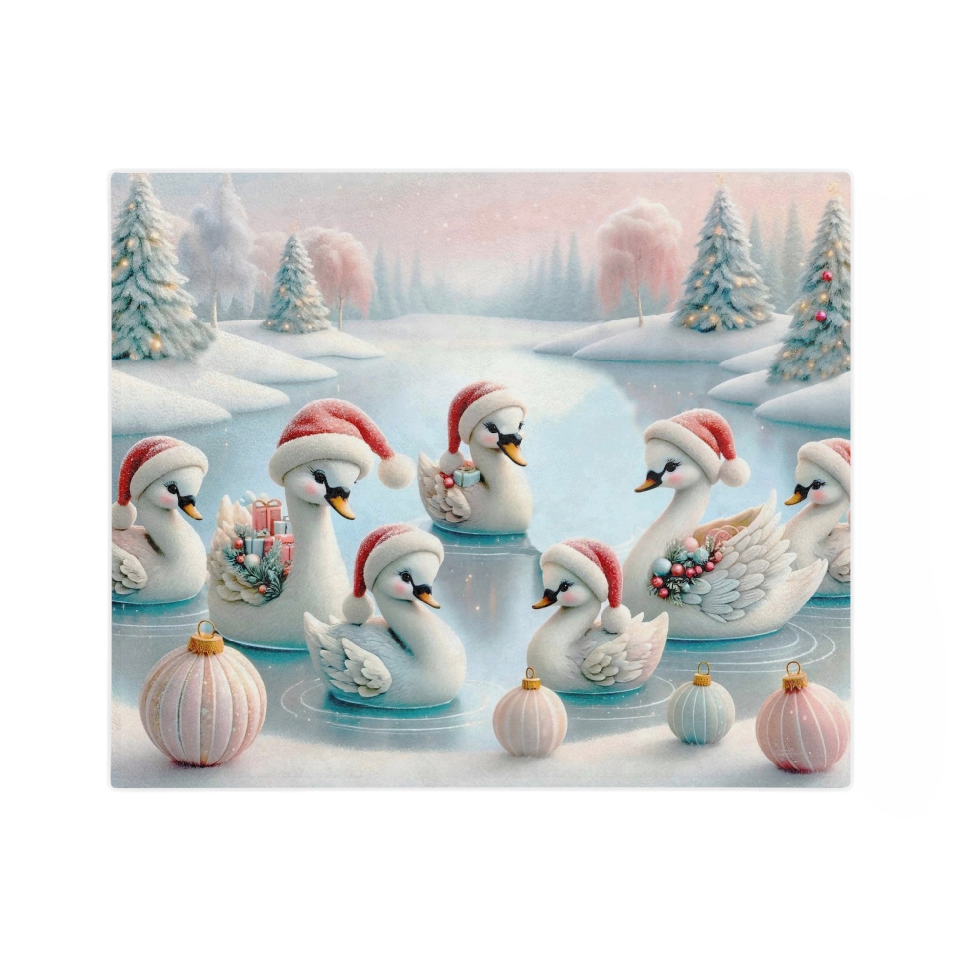 A group of white swans wearing red and white Santa hats on a frozen pond surrounded by snow-covered trees and pastel Christmas ornaments.

