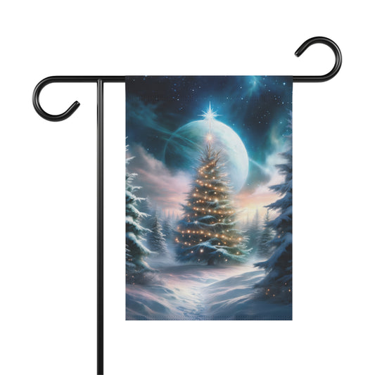 Celestial Christmas tree garden flag with a lit Christmas tree in a snowy forest under a bright moon and guiding star in a dramatic night sky, on a black metal garden flag stand


