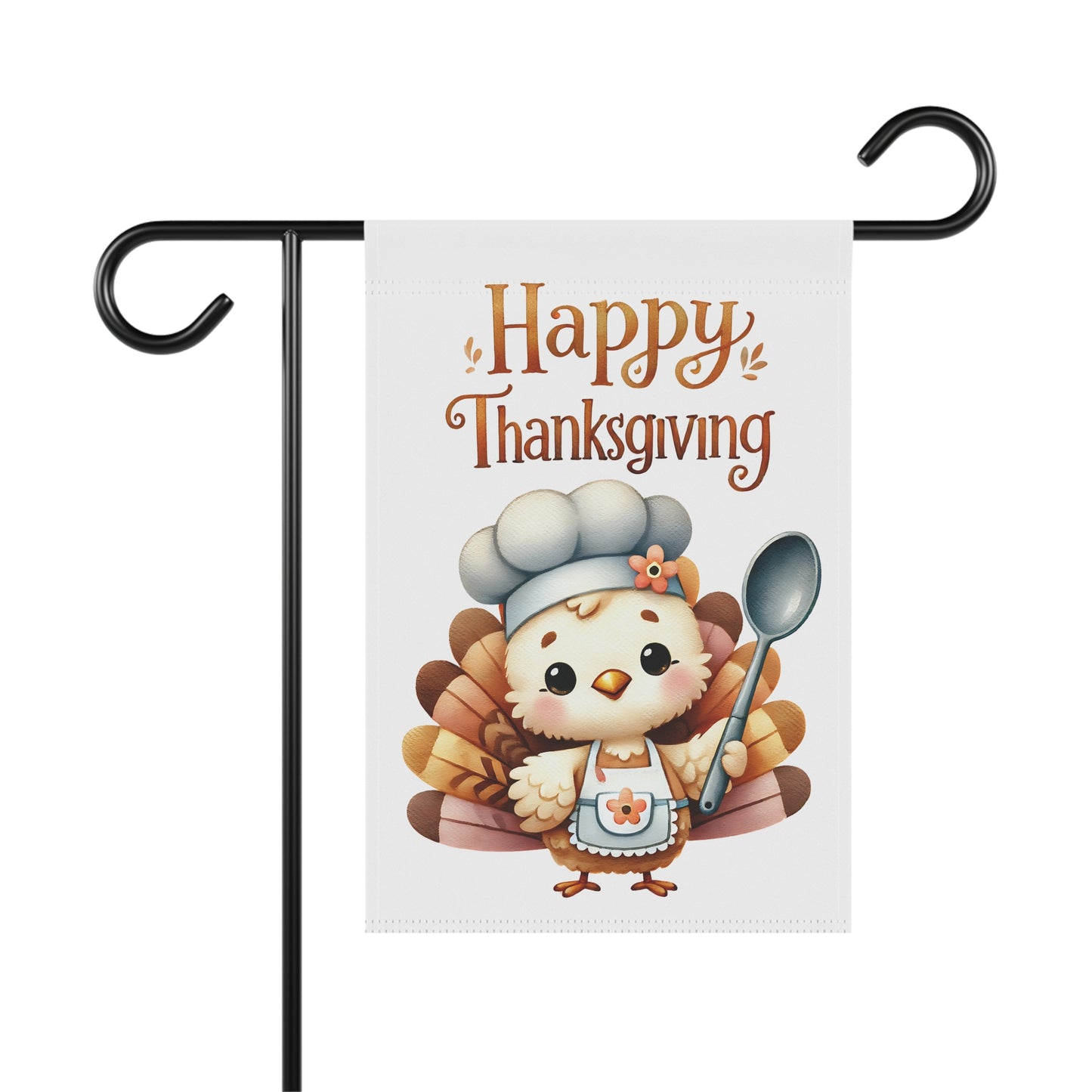 Thanksgiving garden flag with baby turkey chef holding spoon and wearing a hat and apron