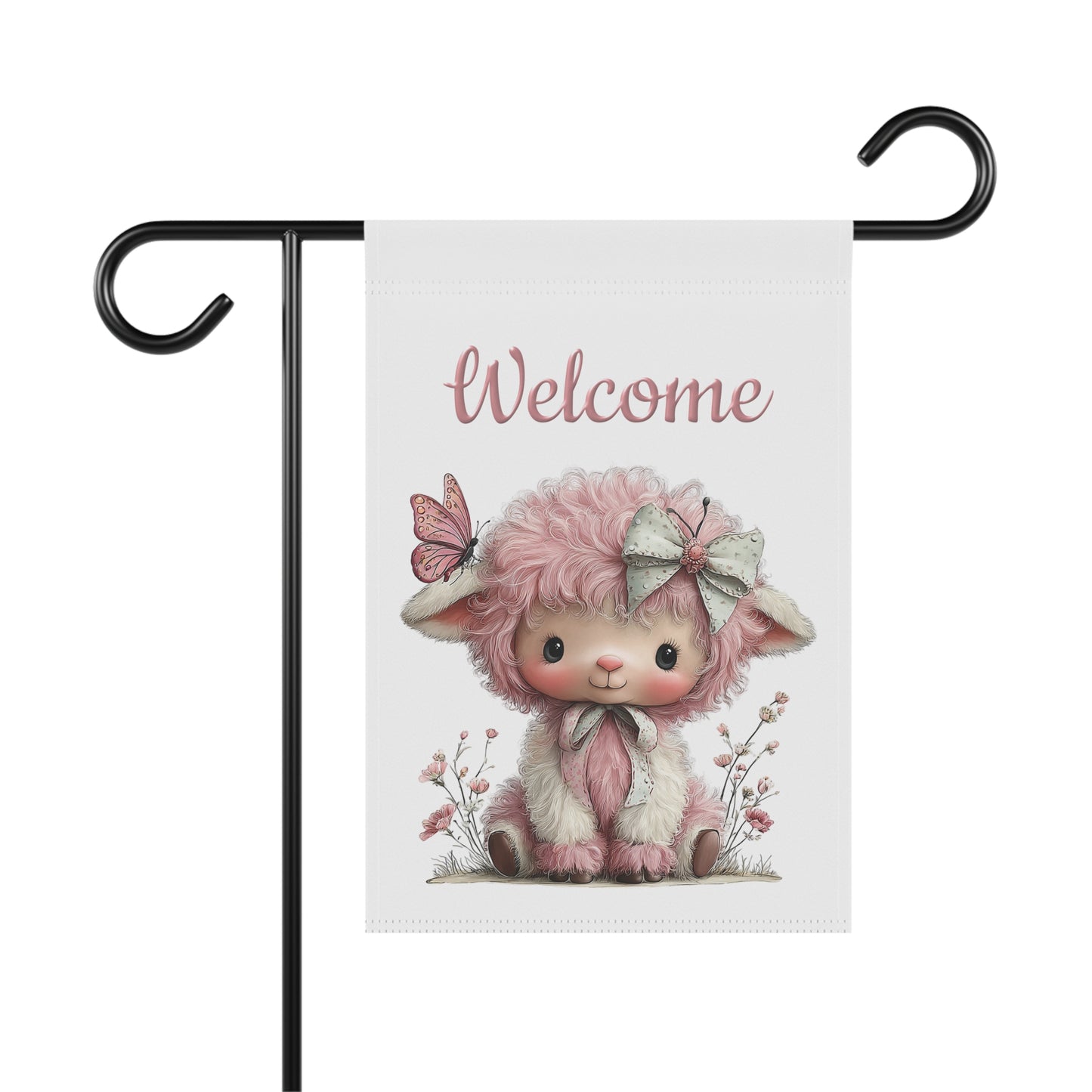 Spring garden flag featuring an adorable fluff-furred pink lamb wearing a polka-dot bow, accompanied by a pink butterfly on its ear, beneath pink script text reading Welcome.