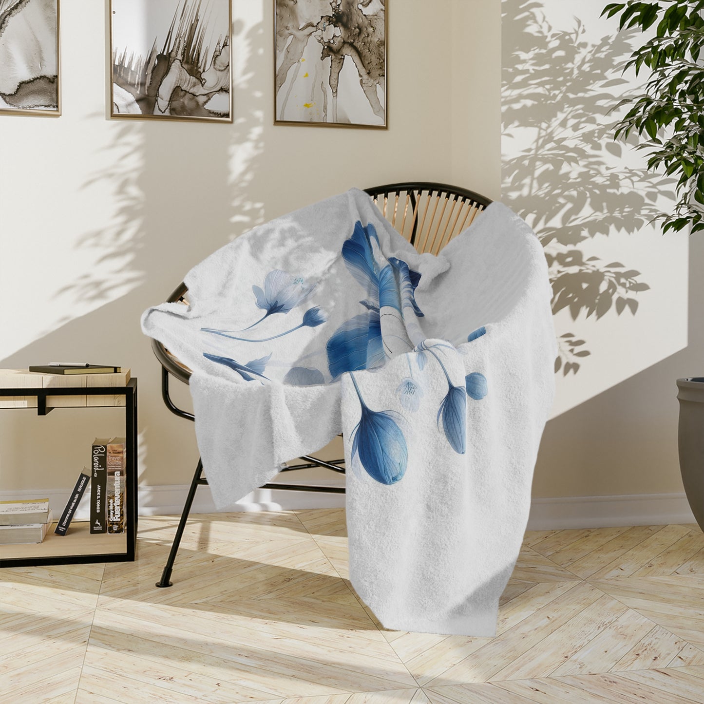 Serene Blue Butterfly & White Flowers Velveteen Blanket
