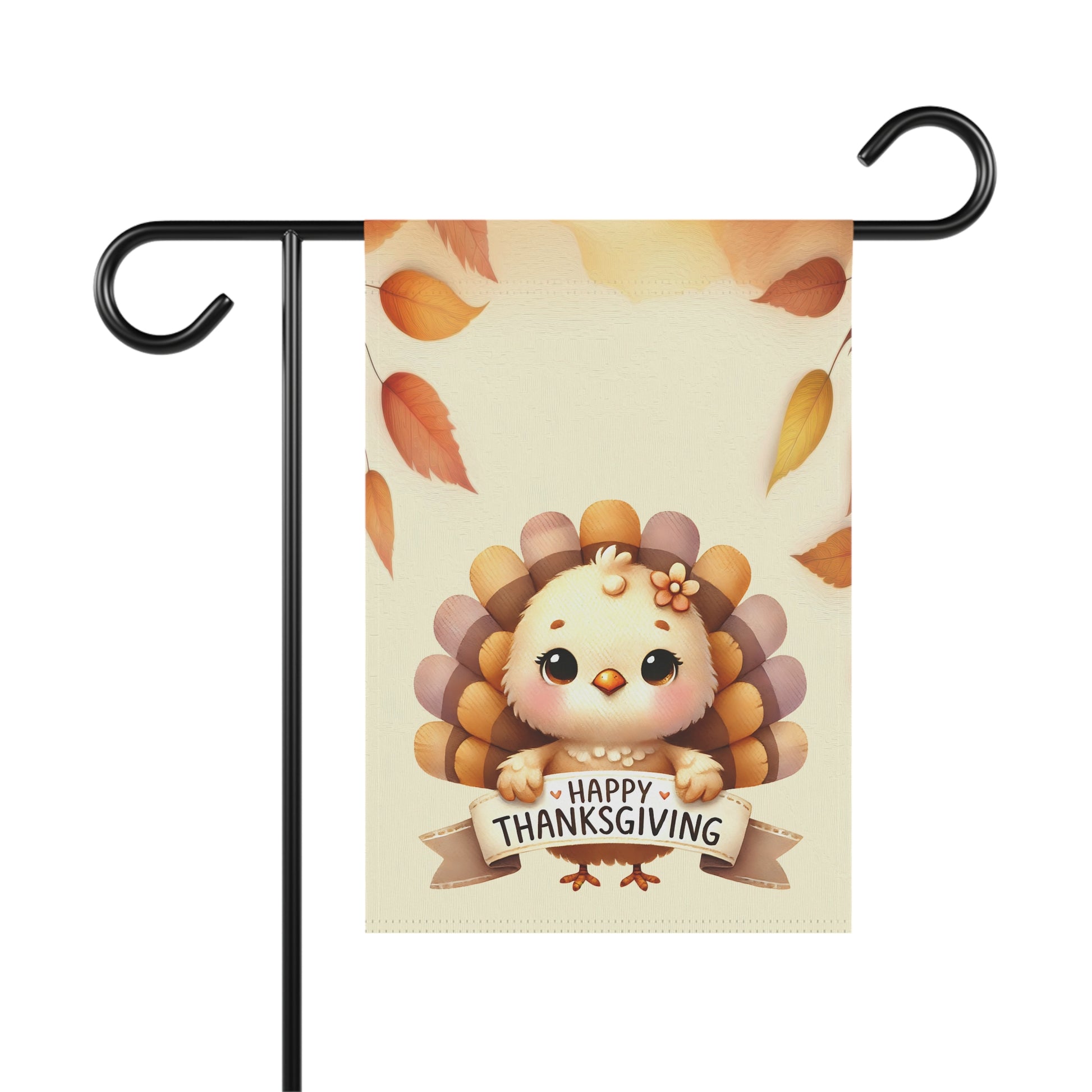Cute baby turkey holding Happy Thanksgiving banner garden flag with autumn leaves background