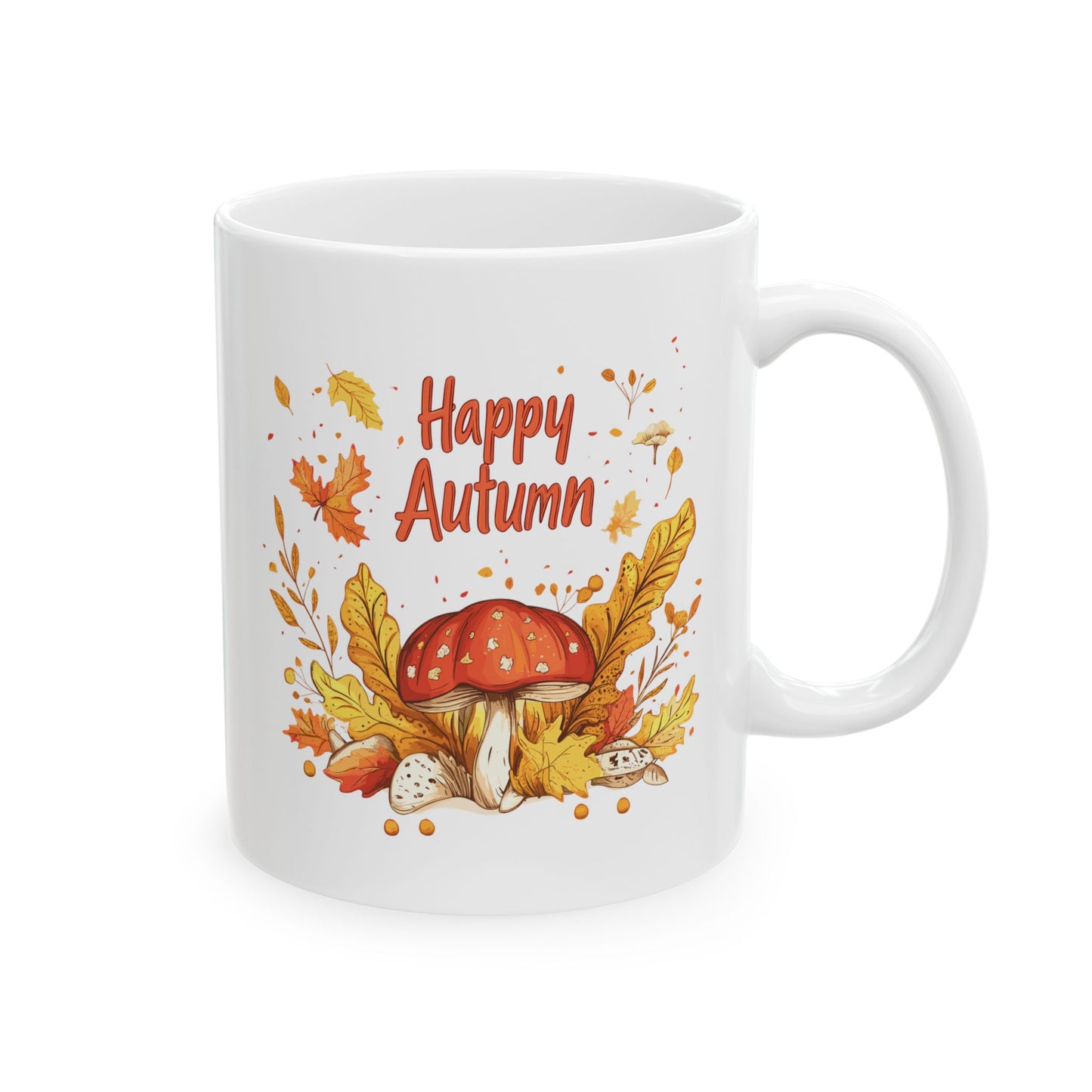 White ceramic coffee mug with a watercolor illustration of a red-capped mushroom surrounded by orange and yellow autumn leaves, acorns, and branches, with the words "Happy Autumn" in warm red text above it.

