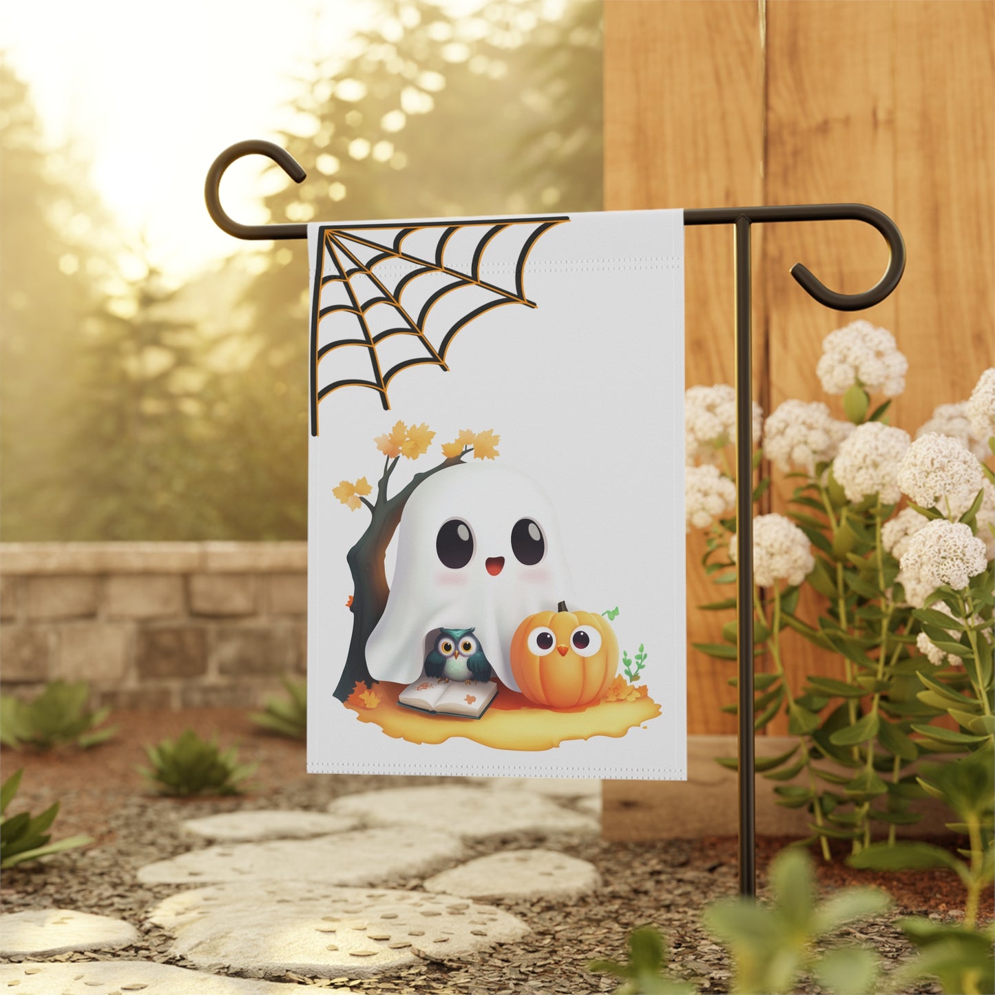 Cute Ghost and Owl Halloween Garden Flag