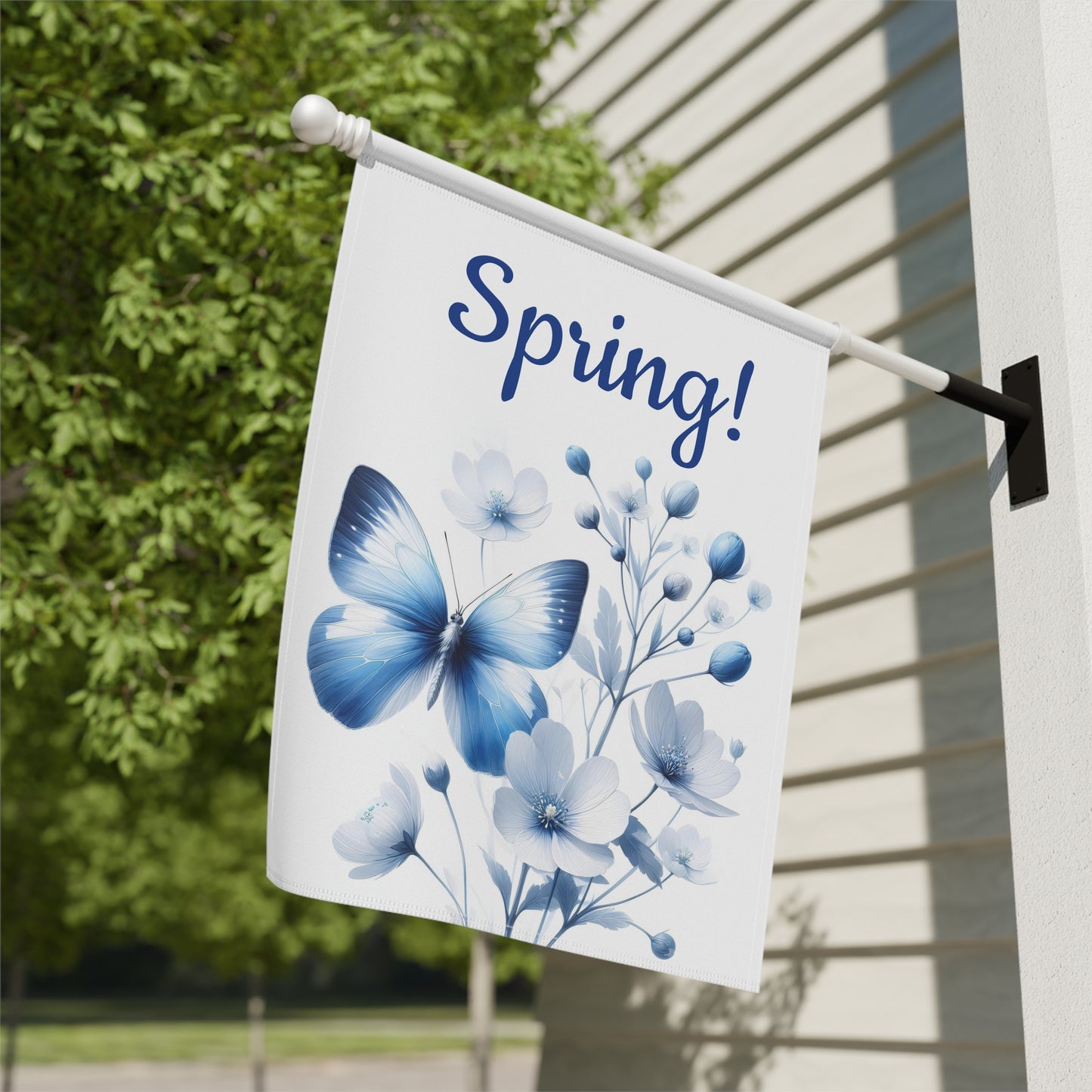 Elegant Single Blue Butterfly & Blue Floral Spring Garden Flag