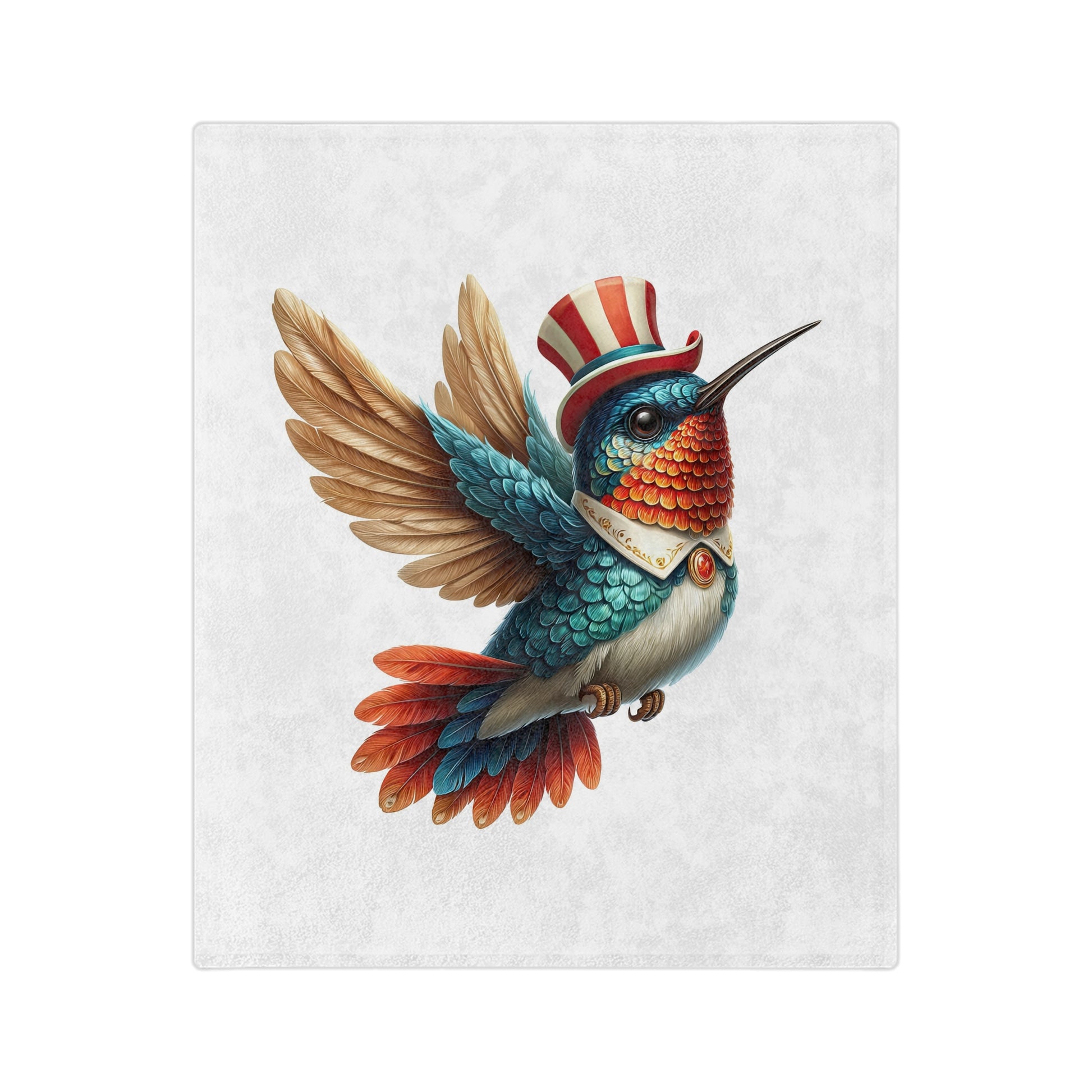 Velveteen plush blanket featuring a realistic patriotic hummingbird with red, white, and blue feathers wearing a top hat, flying against a white background