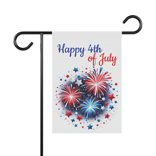 Patriotic garden flag featuring a cluster of red, white, and blue fireworks surrounded by red and blue stars beneath the script text Happy 4th of July in red and blue on a clean off-white background.