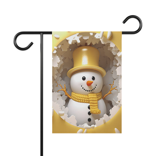 Smiling snowman garden flag with a yellow top hat and yellow knitted scarf, peeking from a textured white and yellow opening, on a black metal garden flag stand

