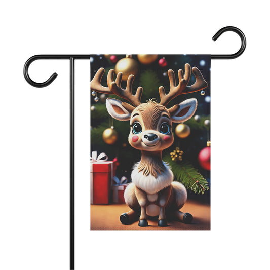 Cute cartoon reindeer garden flag with Christmas tree and presents in the background, festive holiday outdoor decor.

