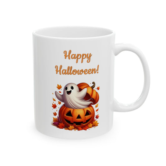 White ceramic coffee mug with a "Happy Halloween" design of a cute ghost coming out of a carved pumpkin surrounded by autumn leaves.

